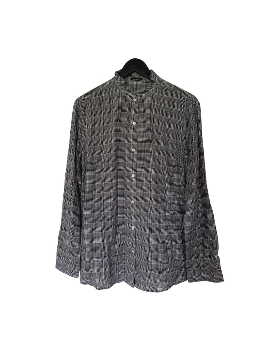 J. McLaughlin Women’s Black/Blue and White Plaid Band-Collar Blouse